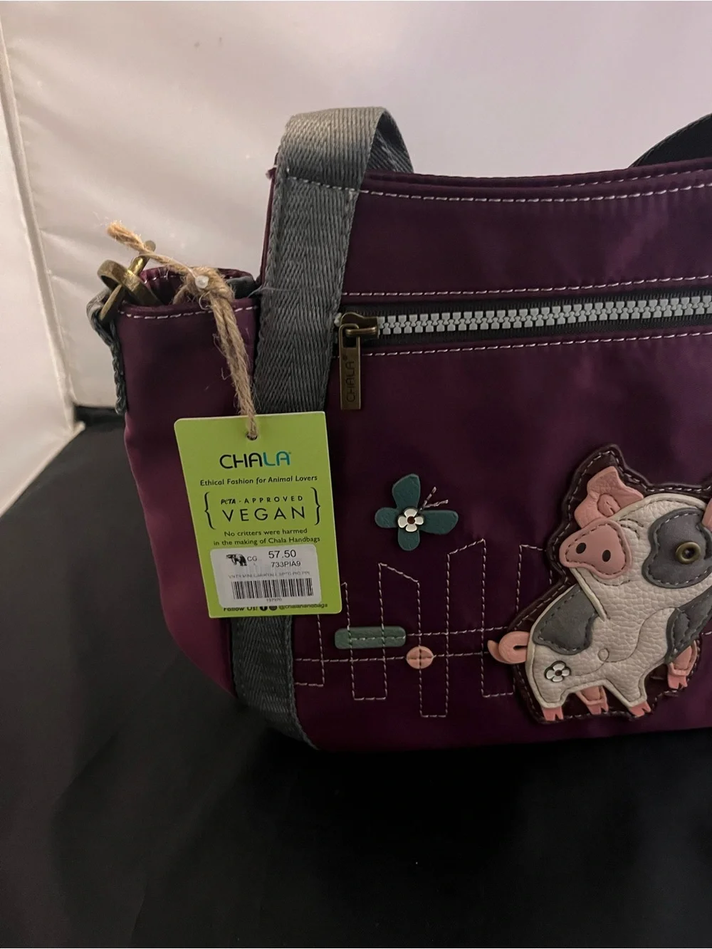 Chala Plum Shoulder Bag with Pig Applique and Gray Straps